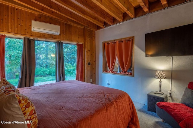 carpeted bedroom featuring beamed ceiling, wood walls, and an AC wall unit