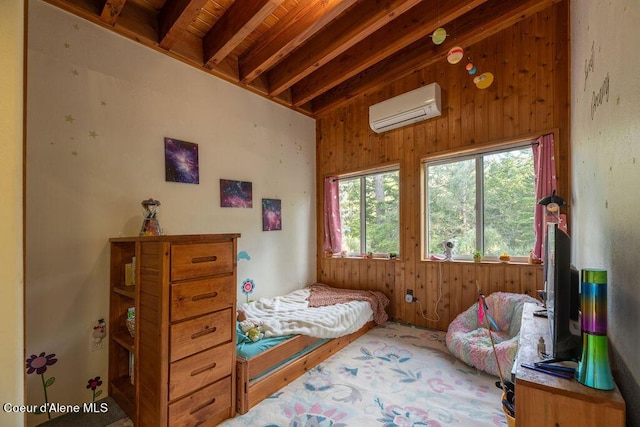 bedroom with beamed ceiling, an AC wall unit, wood ceiling, and wooden walls