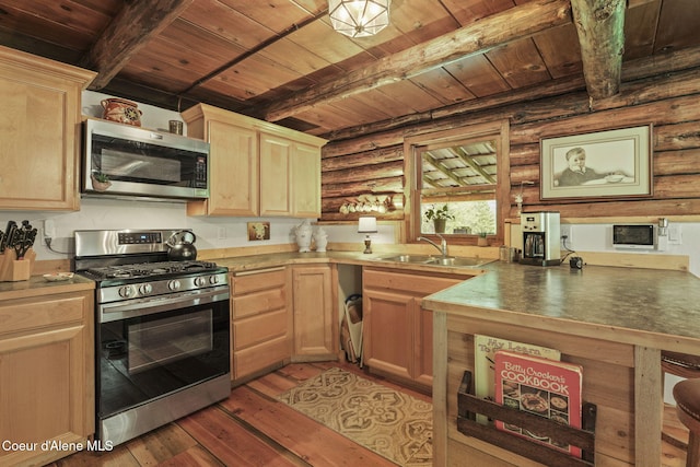 kitchen with appliances with stainless steel finishes, sink, dark wood-type flooring, beam ceiling, and log walls