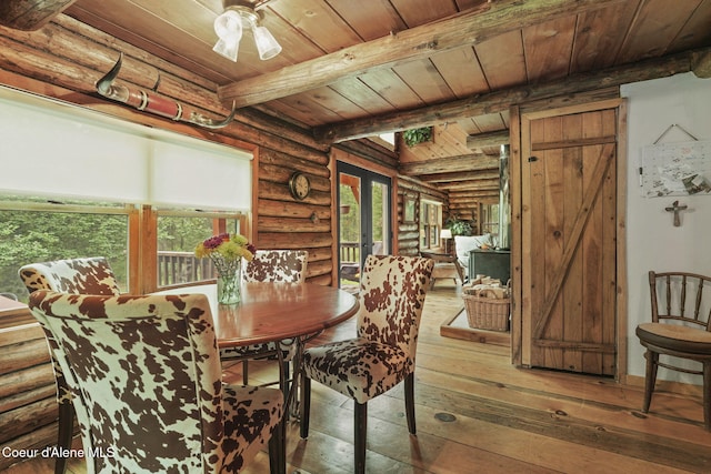 dining room with ceiling fan, beam ceiling, wood ceiling, log walls, and hardwood / wood-style floors