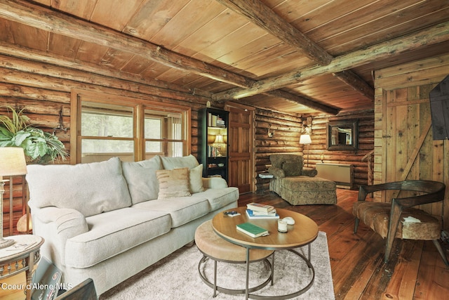 living room with wood ceiling, beamed ceiling, log walls, and dark hardwood / wood-style flooring