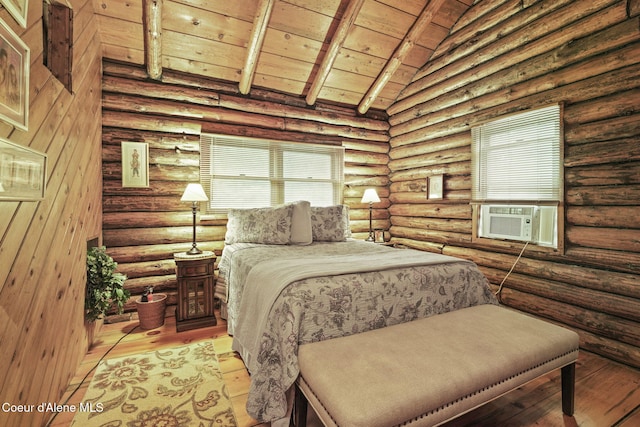 bedroom with light wood-type flooring, lofted ceiling with beams, cooling unit, and wood ceiling