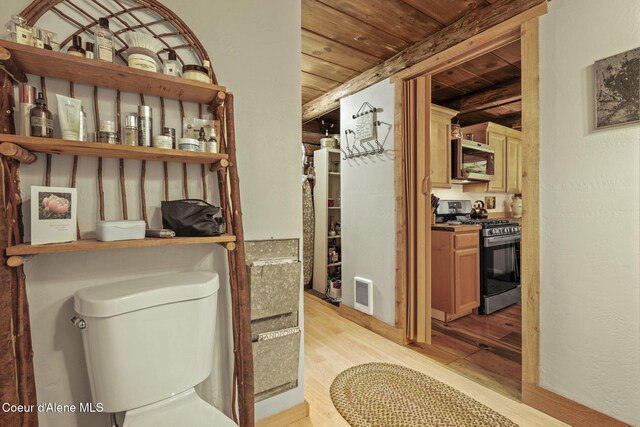 interior space featuring light hardwood / wood-style flooring and wooden ceiling