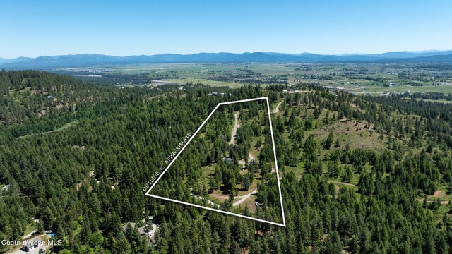 17536 W Julia Dr, Hauser, ID 83854 - aerial overview of property's location with a mountain backdrop and property boundaries highlighted