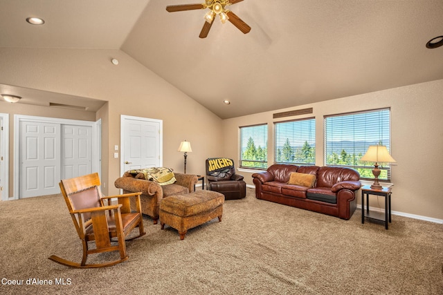 17536 W Julia Dr, Hauser, ID 83854 - living area featuring carpet floors, vaulted ceiling, a ceiling fan, and recessed lighting