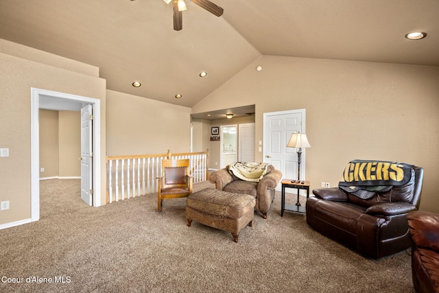 17536 W Julia Dr, Hauser, ID 83854 - living room featuring carpet flooring, a ceiling fan, high vaulted ceiling, and recessed lighting