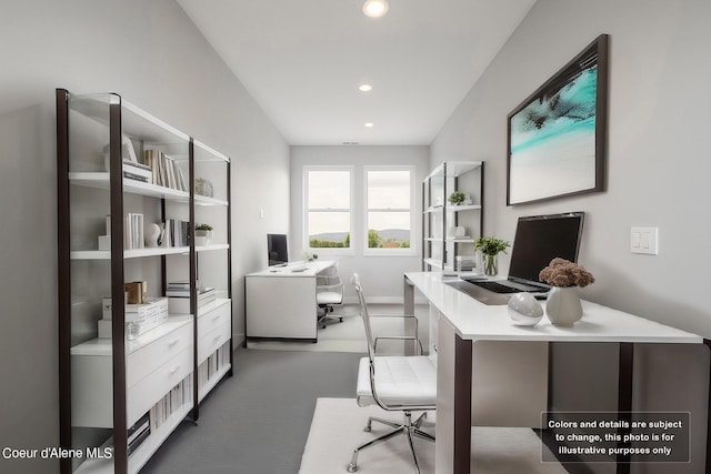 carpeted home office featuring recessed lighting