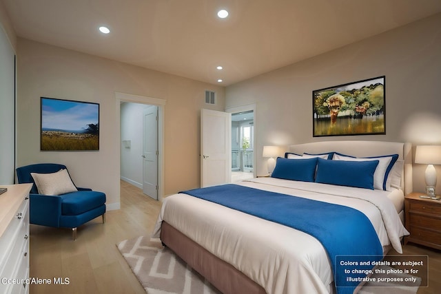 bedroom featuring baseboards, recessed lighting, visible vents, and light wood-type flooring