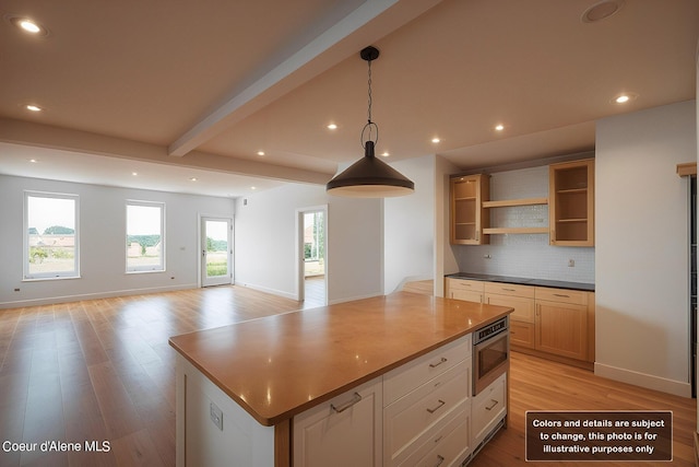 kitchen featuring beamed ceiling, decorative backsplash, recessed lighting, light wood-style floors, and open shelves