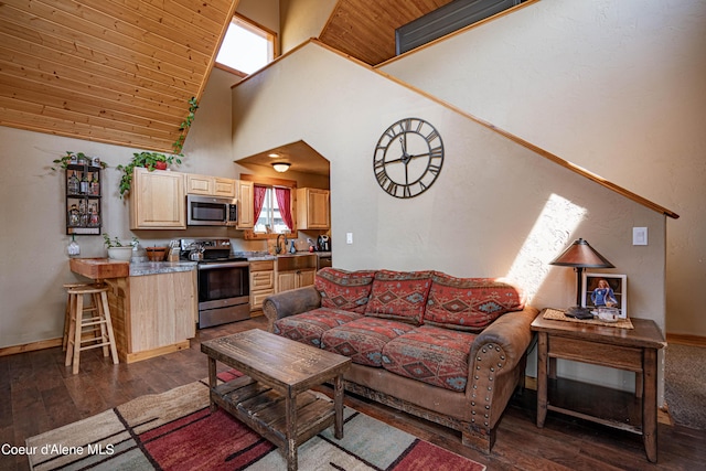 living room featuring high vaulted ceiling, baseboards, and dark wood-style flooring