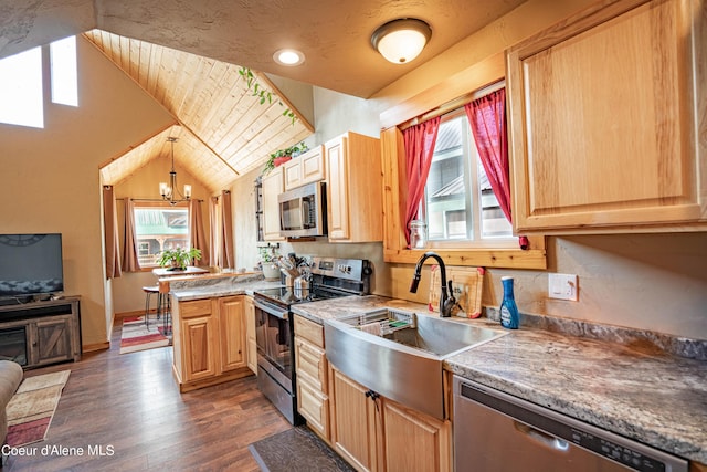 kitchen with dark wood-style flooring, light brown cabinets, a sink, vaulted ceiling, and stainless steel appliances