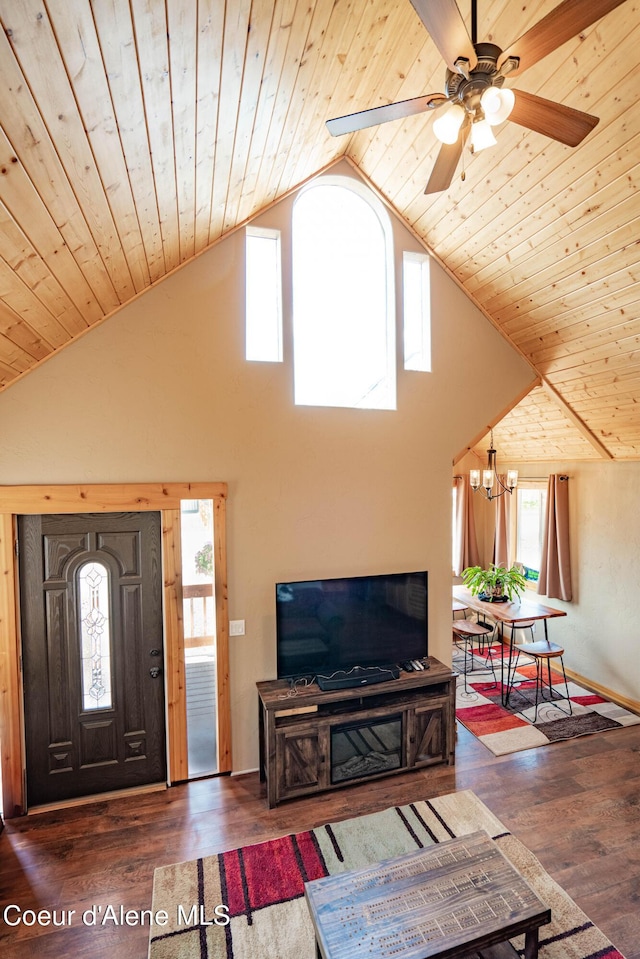 living room featuring wood ceiling, wood finished floors, and high vaulted ceiling