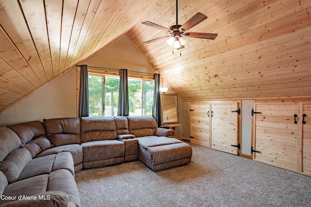 carpeted living room with a ceiling fan, wood ceiling, and lofted ceiling