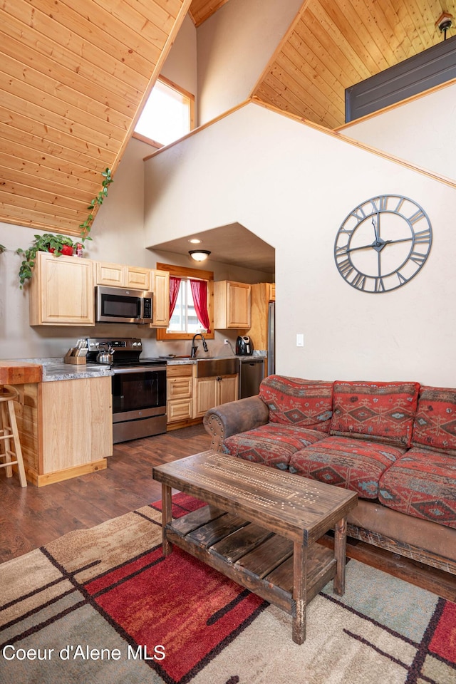 living room featuring wooden ceiling, high vaulted ceiling, and dark wood-style floors