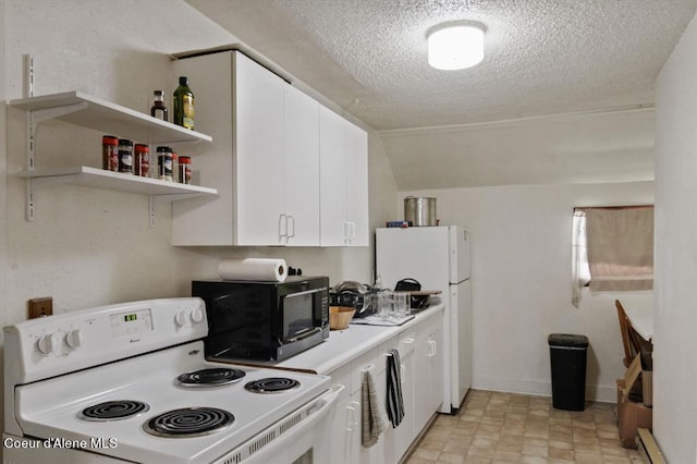 kitchen featuring a textured ceiling, white cabinets, white appliances, and baseboard heating