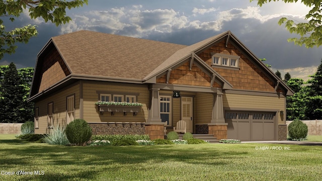 craftsman-style home featuring a garage, a front yard, and covered porch