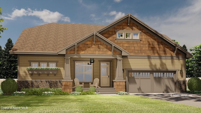 craftsman inspired home with a garage and a front lawn