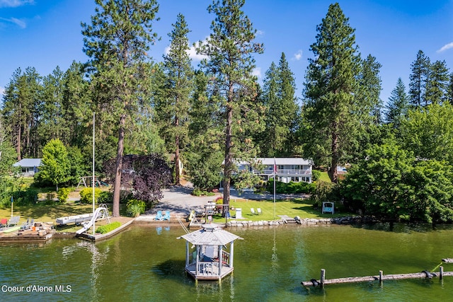 dock area with a water view and a yard