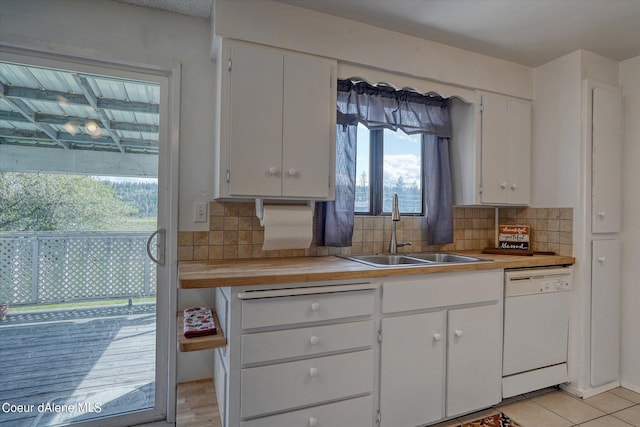 kitchen featuring sink, backsplash, white dishwasher, white cabinets, and wood counters