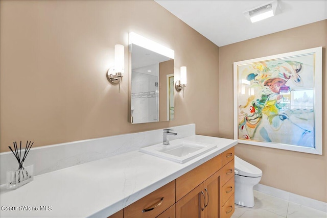 bathroom with tile patterned flooring, vanity, walk in shower, and toilet