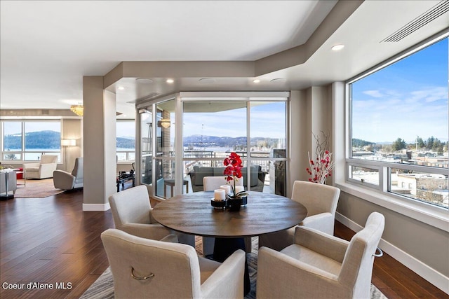 dining area with a mountain view, plenty of natural light, and dark hardwood / wood-style flooring