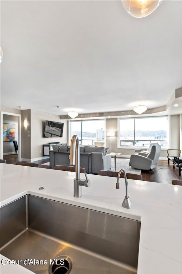 kitchen featuring light stone counters, sink, hardwood / wood-style flooring, and plenty of natural light