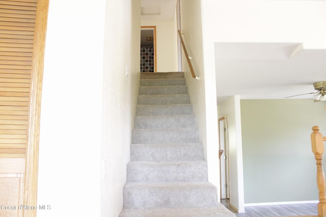 stairs featuring wood-type flooring and ceiling fan