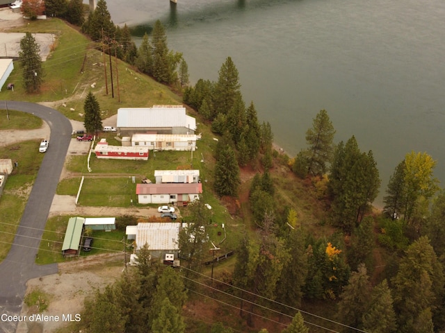 drone / aerial view with a water view