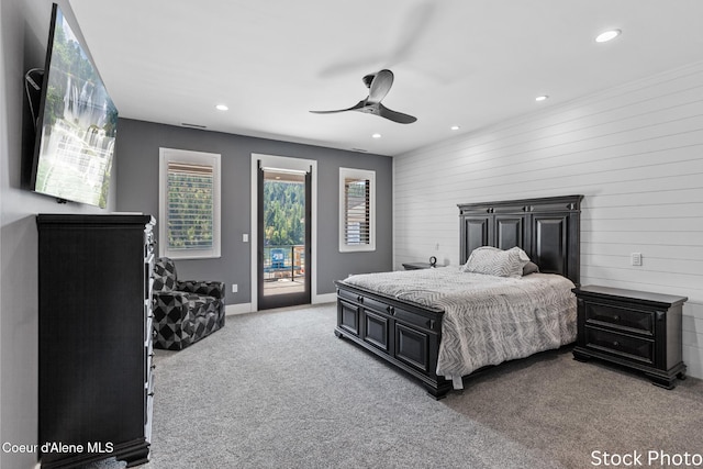 bedroom featuring baseboards, ceiling fan, access to exterior, carpet, and recessed lighting