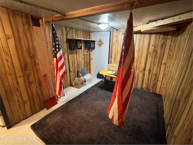 basement featuring wood walls