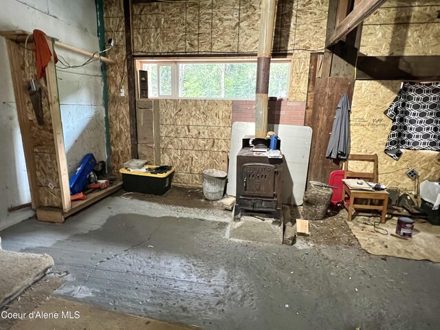 interior space featuring a wood stove