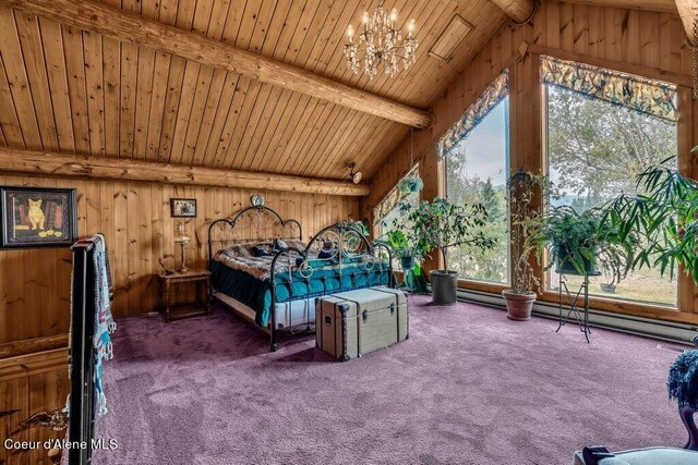 bedroom featuring an inviting chandelier, wood walls, carpet, wooden ceiling, and lofted ceiling with beams