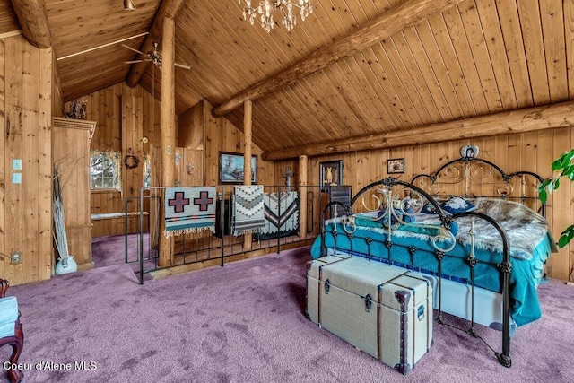 unfurnished bedroom with carpet, wooden ceiling, wood walls, and vaulted ceiling with beams