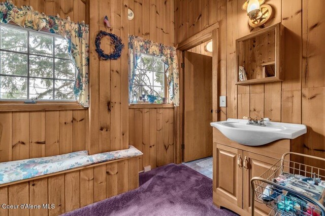 bathroom featuring wood walls, vanity, and plenty of natural light