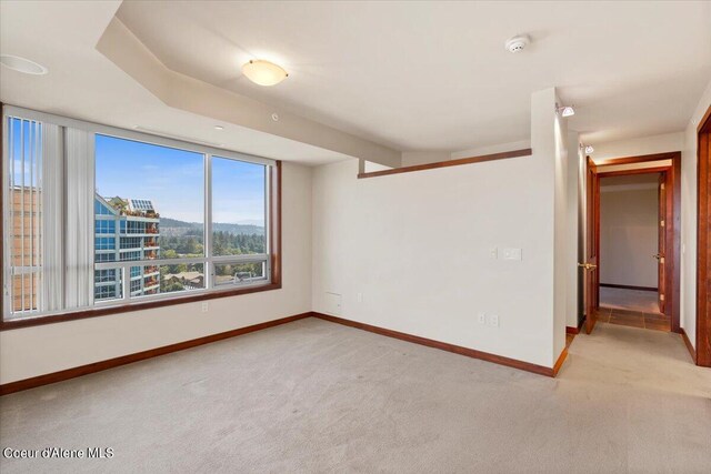 unfurnished room with baseboards and light colored carpet