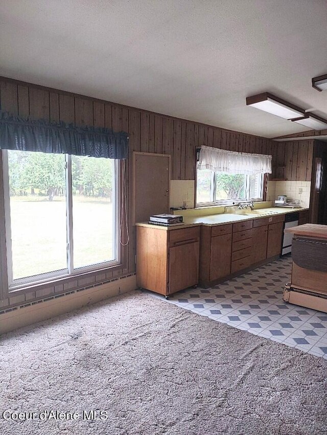 kitchen featuring stainless steel dishwasher, plenty of natural light, wooden walls, and a textured ceiling