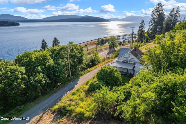 drone / aerial view featuring a water and mountain view