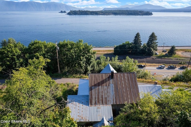 bird's eye view featuring a water and mountain view