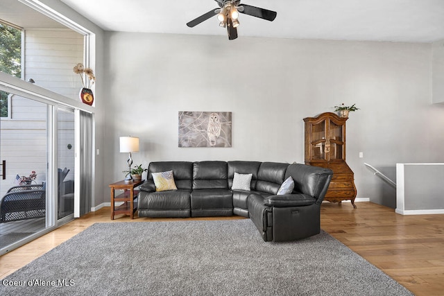 living room with ceiling fan and hardwood / wood-style flooring