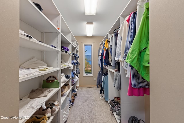 walk in closet featuring light colored carpet