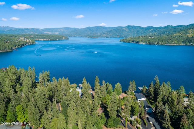 bird's eye view with a water and mountain view