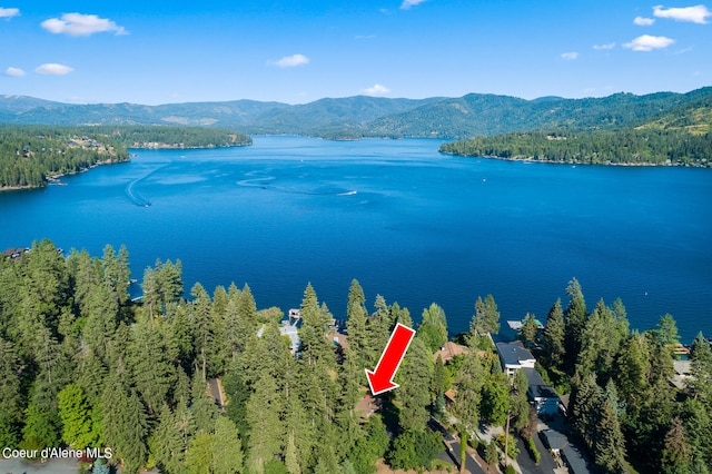 birds eye view of property featuring a water and mountain view