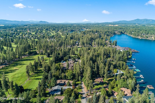 aerial view featuring a water and mountain view