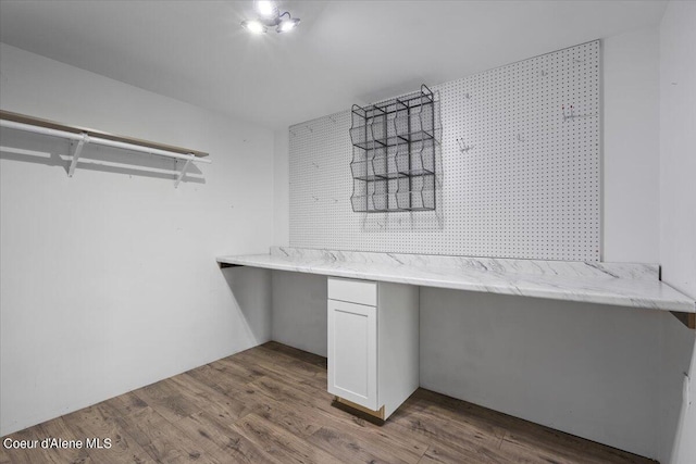 walk in closet with built in desk and light wood-type flooring