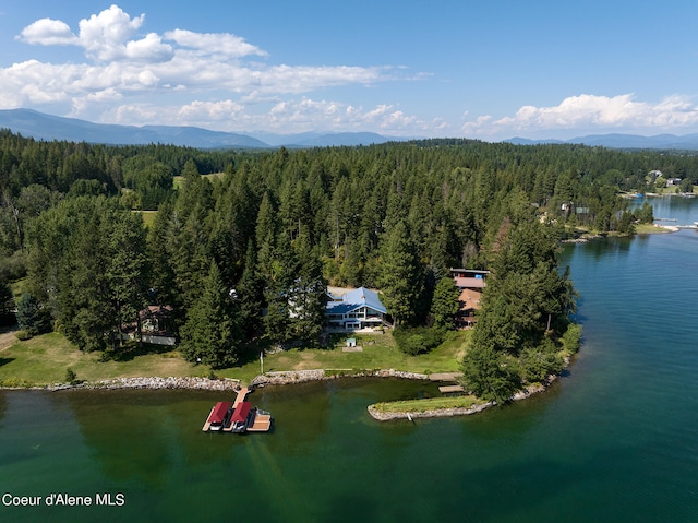 bird's eye view with a water and mountain view and a wooded view