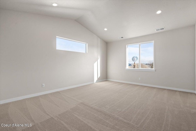 empty room featuring lofted ceiling, a wealth of natural light, and light colored carpet