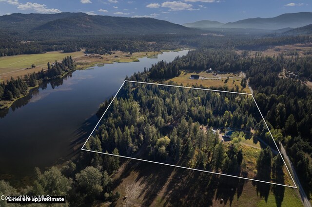 birds eye view of property with a wooded view and a water and mountain view