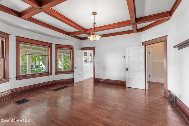 spare room with an inviting chandelier, dark hardwood / wood-style flooring, beam ceiling, and coffered ceiling