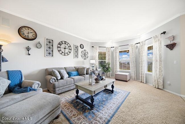 living room with crown molding, visible vents, carpet floors, and baseboards