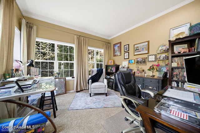 office area with light carpet and crown molding